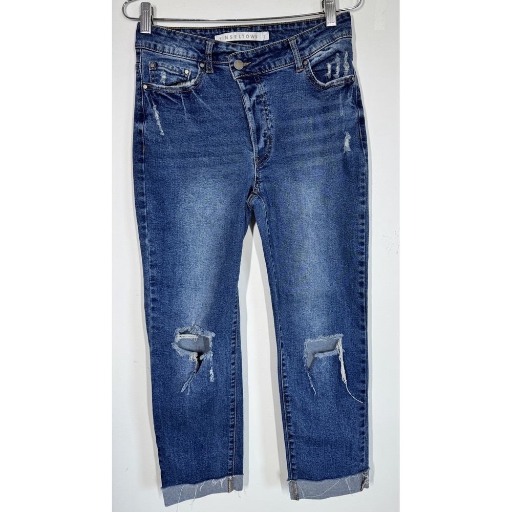 Tinseltown Asymmetrical Button Fly Crossover Jeans Distressed Cropped‎ Juniors 7